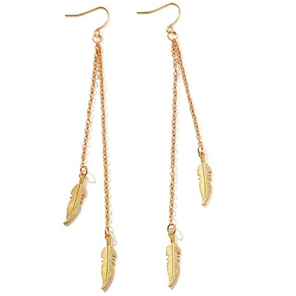 NEW! Gorgeous Long Flowing Feather Duo Dangling Gold Earrings - Boho! Ethnic! - Picture 2 of 5